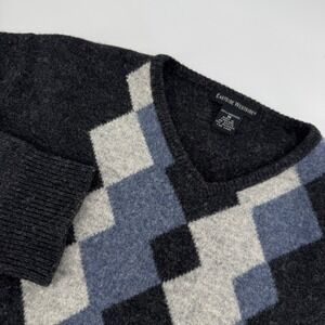 Eastside Westside Mens V Neck Argyle Sweater Lambswool Medium Dark Gray Blue